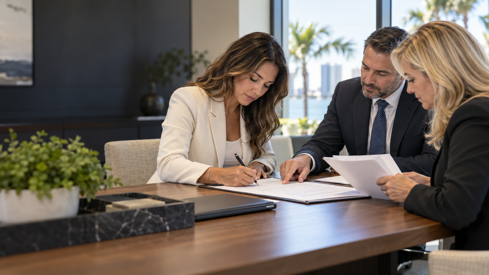 Illustrative office scene of professionals reviewing and signing closing documents